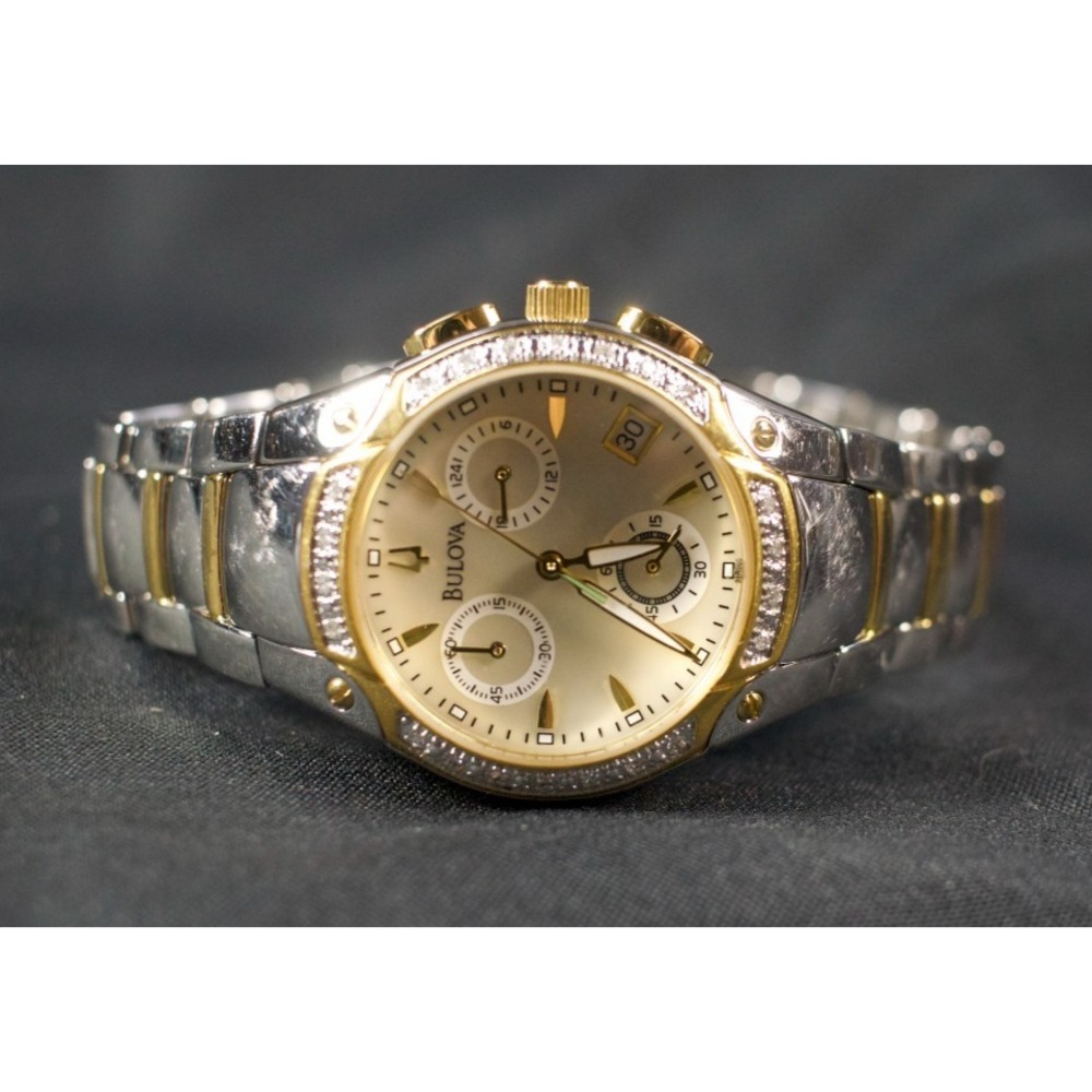 Stunning Bulova MOP Chronograph C975530 Watch Two-Tone Gem Stainless Date Quartz